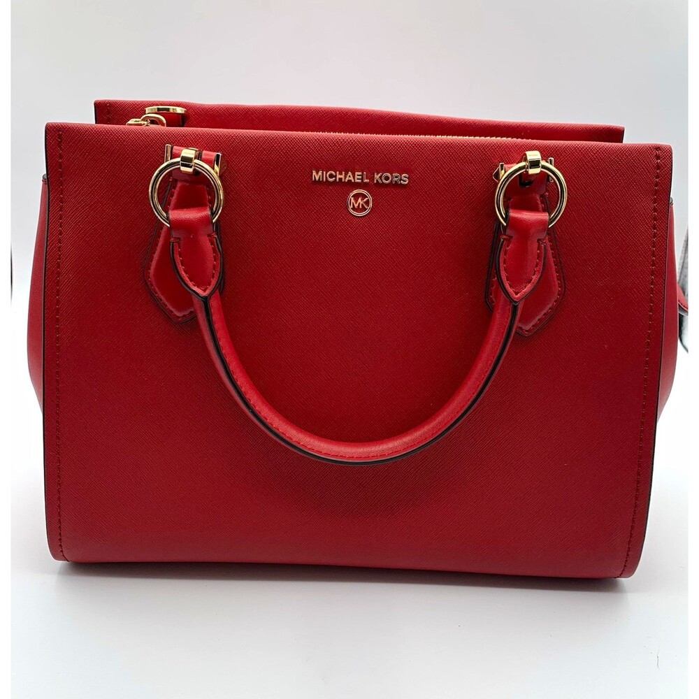 Michael Kors Sutton Red Saffiano Leather Satchel Top Handle Bag Gold Hardware
